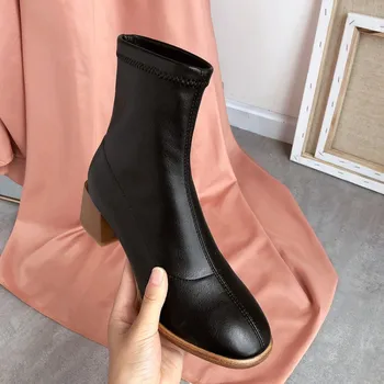 

GPOKHDS 2020 women ankle boots soft patent leather round toe slip on autumn spring high heels female ankle boots