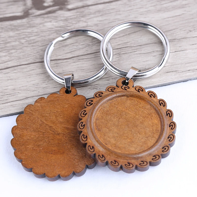 

shukaki 3pcs fit 25mm round wood cabochon keychain base settings diy stainless steel keyring blank wood key chain bezel trays