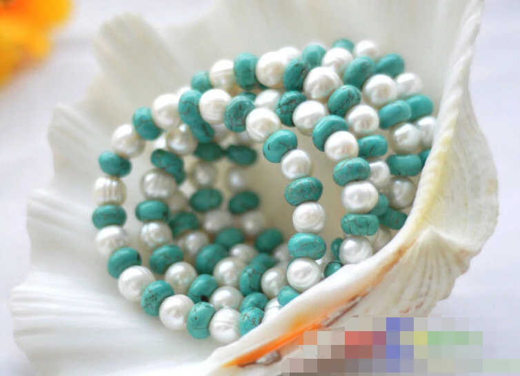 

FREE SHIPPING>>>@@ 0655 5pcs round white pearl turquoise bead stretch bracelet