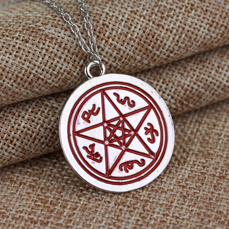 Movie Jewelry Supernatural Necklace Silver Round Coin Red Star