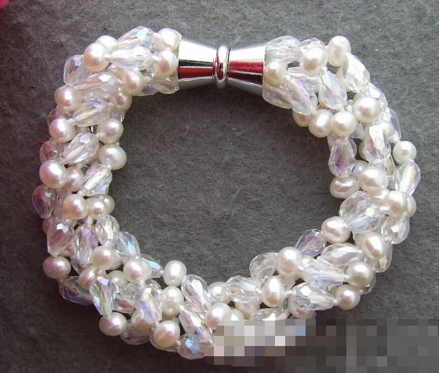 

free shipping 13313 6Strds White Pearl&Crystal Bracelet