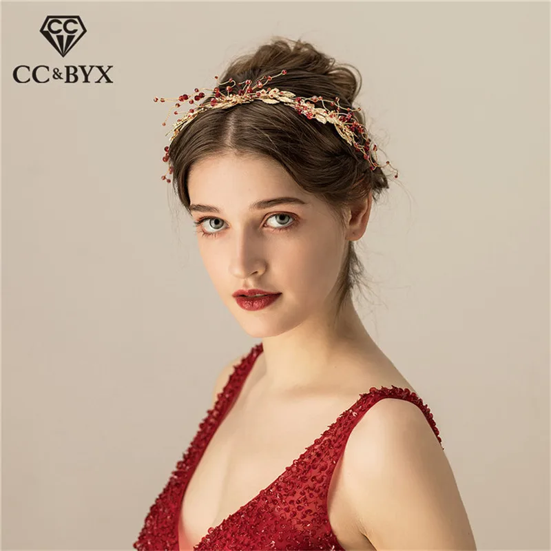 

CC 100% Handmade Hairbands Headbands Red Leaf Beads Shape Wedding Hair Accessories For Women Bridal Princess Crystal Gift O545