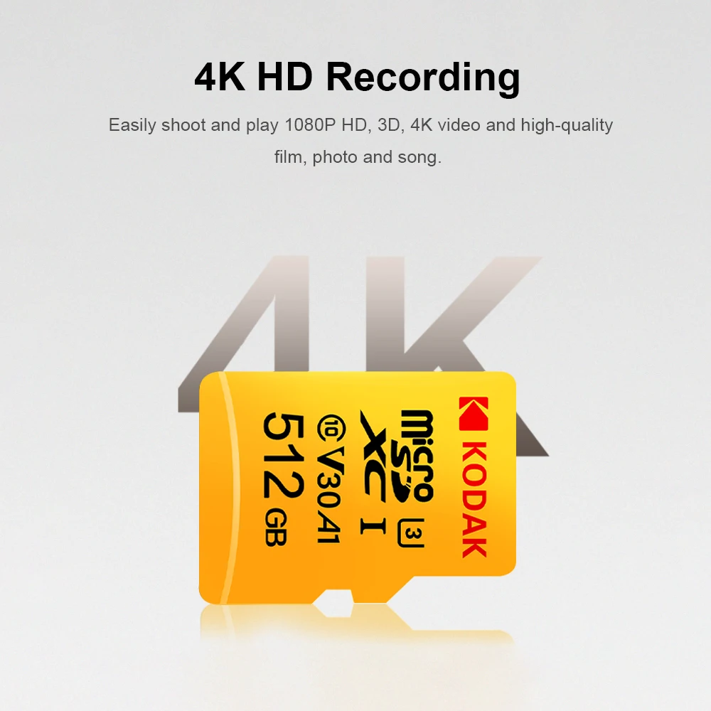 Kodak SD Card 64 Гб/32 128 256 512 ГБ, Micro SD карта, Class10 U3 A1 V30 слот для карт памяти 100 МБ/с. чтения Скорость 4K видео Запись TF карты