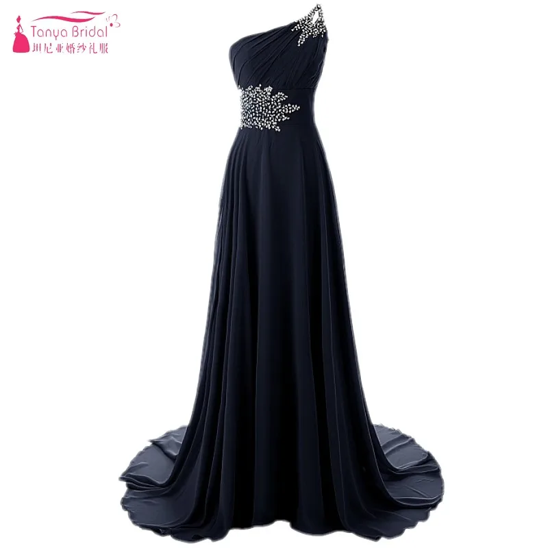 

A Line Chiffon Long Beaded Prom Dresses One Shoulder Simple Black vestido de festa Evening Prom Gowns DQG057