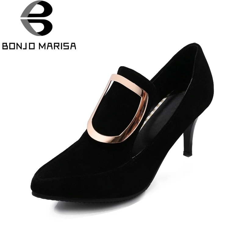 BONJOMARISA Women s 2018 New Metal Buckle Decoration Pumps Sexy Thin High Heel Pointed Toe Stiletto
