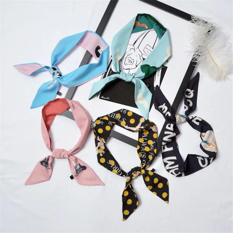 

New Dot Floral Striped Heart Silk Scarf Small Wraps Print Spring Women Ladies Vintage Bag Handle Ribbons Scarves Hair Bands Tie
