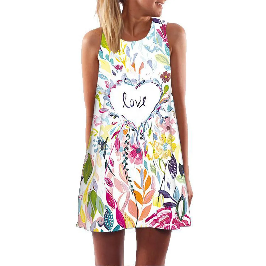 

Women Vintage Beach Dress Boho Summer Sleeveless Beach Printed Short Mini Dress Print Loose Comfortable Summer Dresses #H