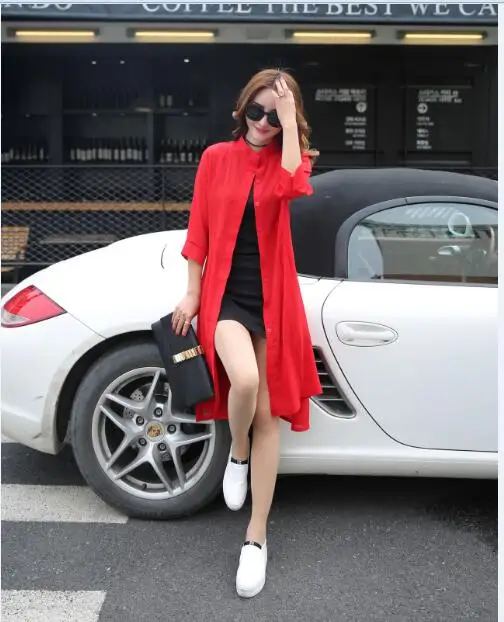 

New design summer long section sunscreen thin large size ladies solid color chiffon cardigan blouse