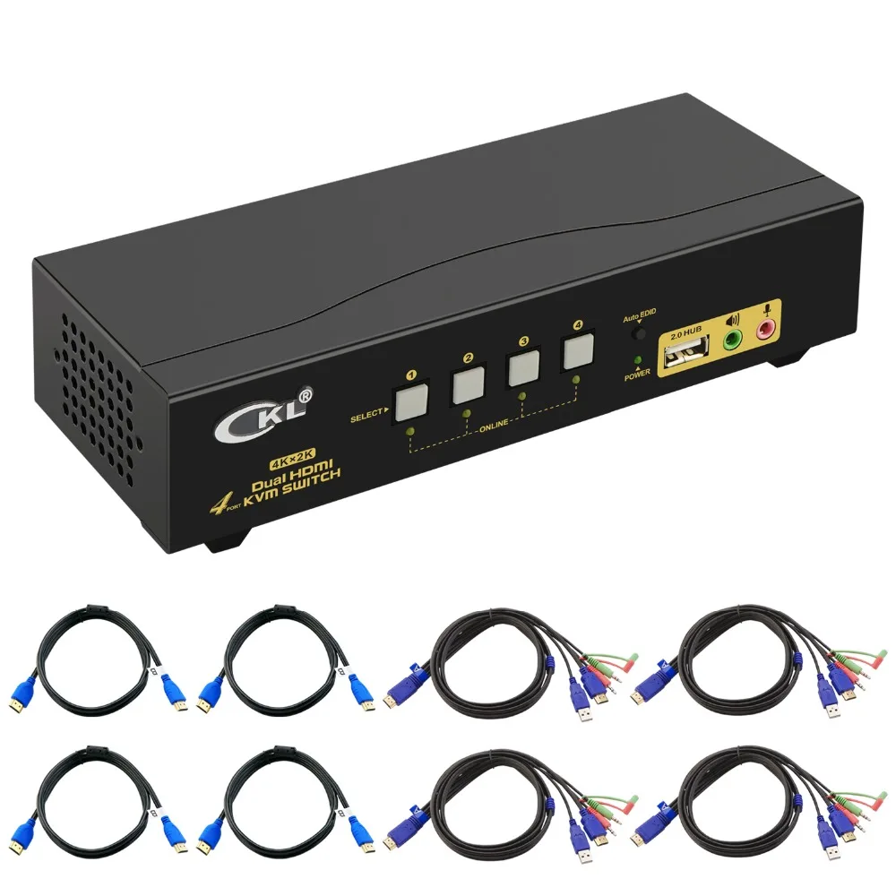 HDMI KVM переключатель 4 порты и разъёмы двойной мониторы (Exetended дисплей), CKL HDMI KVM переключатель Splitter в 2 с Аудио Микрофон выход