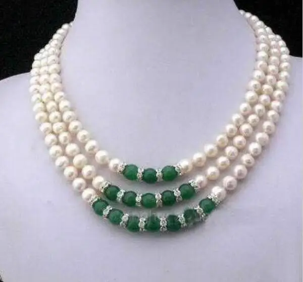 

Triple strands AAA 8-9mm green jade+South Sea white Pearl Necklace 18" 925silver Gold