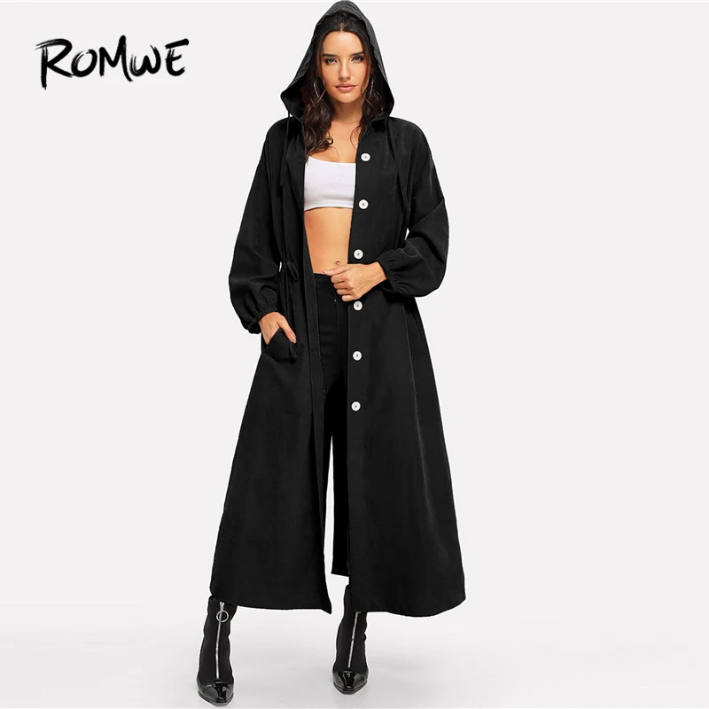 

ROMWE Waist Drawstring Button Split Back Coat 2019 Women Pockets Spring Autumn Long Sleeve Outer Single Breasted Trench Coat