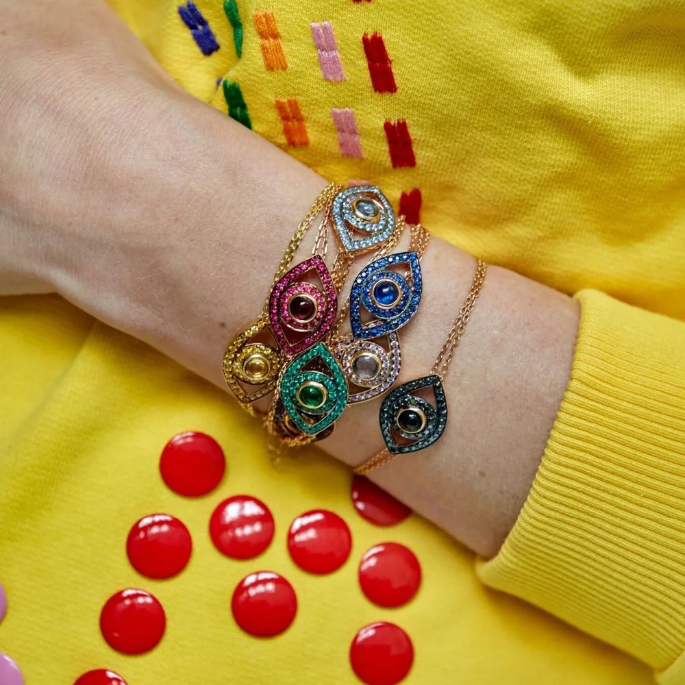 

2019 Bless Lucky Rainbow Turkish Hamsa Evil Eyes chain bangle real 100% 925 sterling silver bracelet for women delicate jewelry