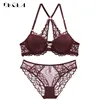 Front Closure Bras Lace Underwear Set Sexy Deep V Brassiere Thick Push Up Bra Panties Sets Embroidery Purple Women Lingerie Set ► Photo 3/6