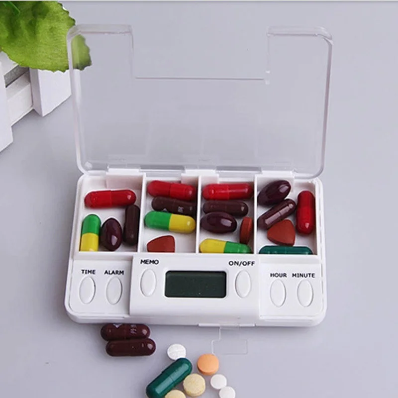 

4 Grid Storage Box Intelligent Plastic Electronic Timing Reminder Medicine Boxes Alarm Timer Pills Desk Organizer Pill Container