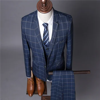 

Men Plaid Suit 3 Piece Set Asia Size S M L XL XXL XXXL Men Suit Jacket + Vest + Pants Autumn Men Blazer Coats