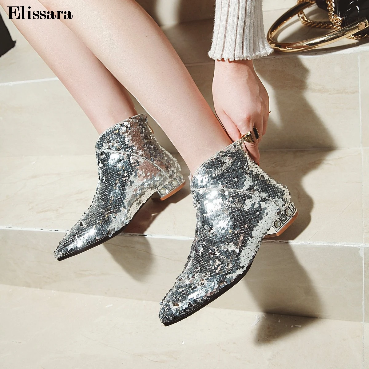 

Women Low Heels Ankle Boots Shoes Woman Glitter Bling Gradual Change Color Zip Pointed Toe Boots Shoes Size 33-43 Elissara