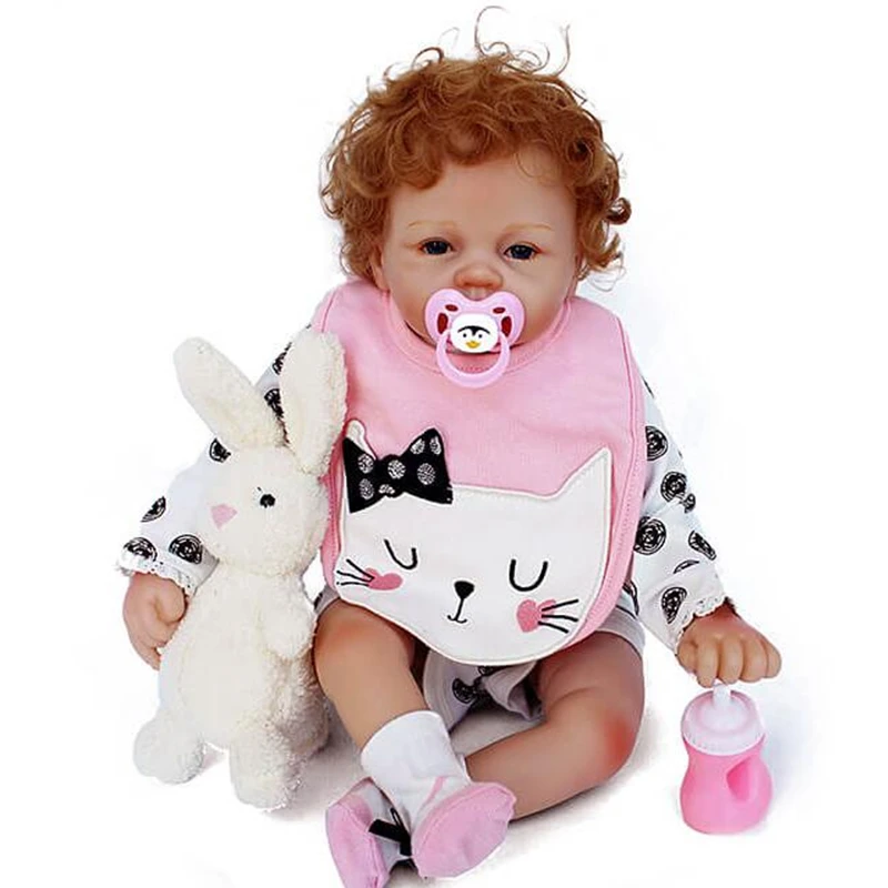 

22" 55cm High-quality Silicone Lovely baby Reborn Vinyl Real Touch Doll Curly Hair Bebe Reborn Babies Toys for Children Gift