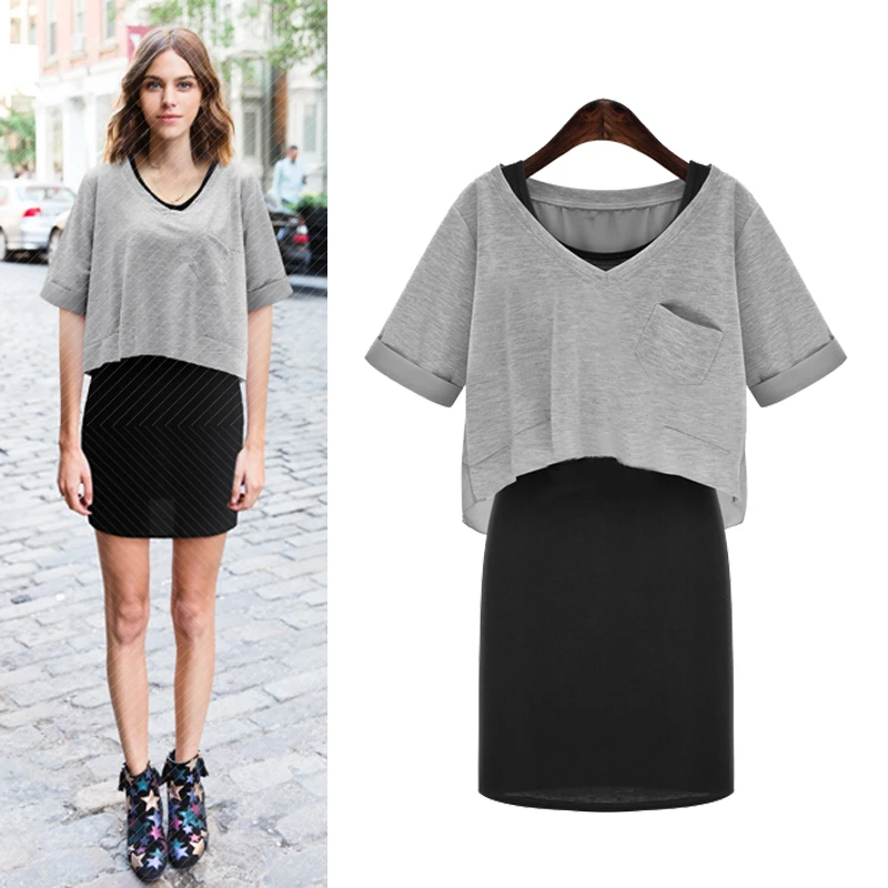

Large size 5XL Summer Women Loose Gray V-Neck Top+Black Dress Casual Two Piece Mini Dresses Vestidos