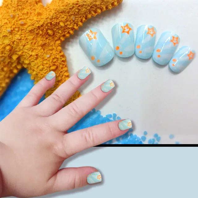 24 Pcs Cute Sun Spot Children Fake Nails Light Blue French Pre 24 Pcs Cute Sun Spot Children Fake Nails Light Blue French Pre Glue Press On Nail Tips Embellishment For Little S