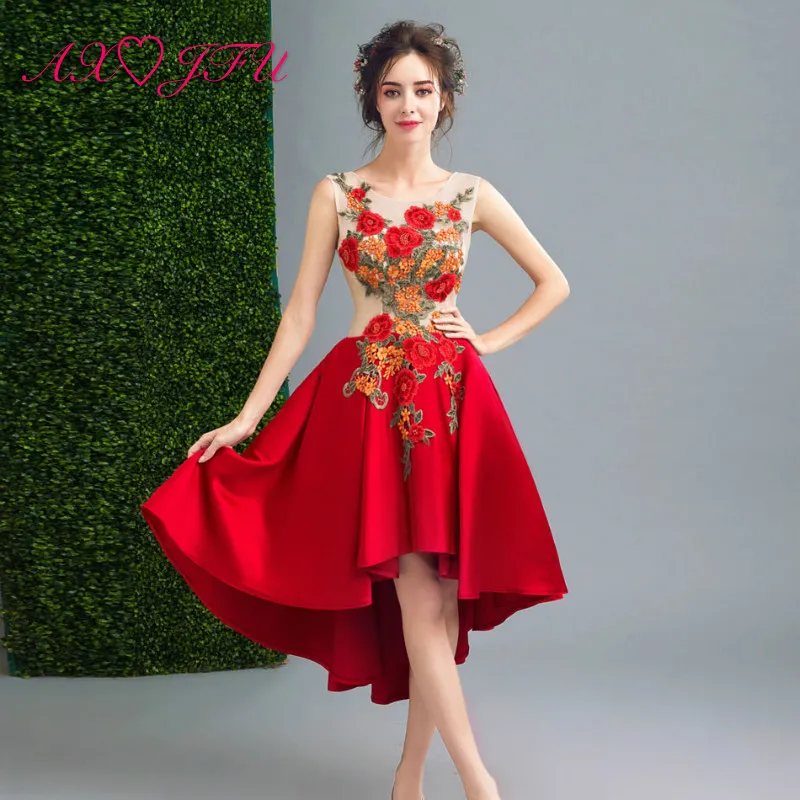 

AXJFU Red and white color three-dimensional flower evening dress before the short long after the bride evening dress 5601