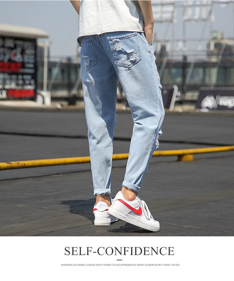 Summer Jeans Men Fashion Streetwear Ripped Jeans For Men Plus Size Light Blue Men Jeans Pants Casual Trousers Male 5XL-M