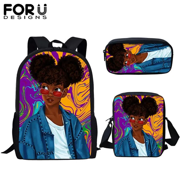 FORUDESIGNS/школьные сумки для детей, черный дизайн, Африканский мультфильм, для девочек, принт, женский рюкзак, школьные сумки для начальной книги, набор, Mujer, портфель - Цвет: HME1078CEK