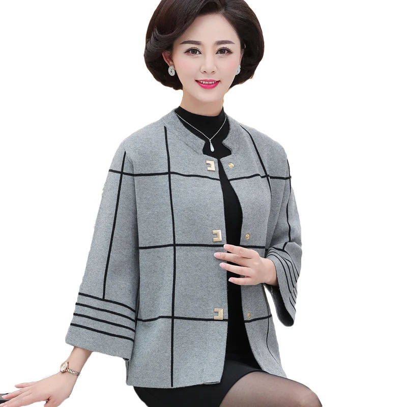 

Middle-Aged Women Cardigan Sweater Plaid Single-Breasted Mother Knitted Coat Plus Size High Quality Sweater Women R862