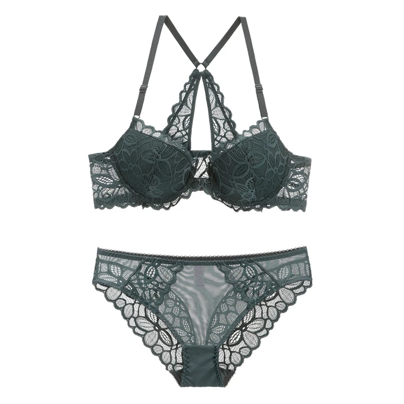 

Sexy Plunge Backless Front Closure Bra Set Lace Embroidery Push-Up Bra and Panties Set Underwear Women Lingerie New 2019 Undies
