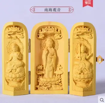 

Lobule poplar wood carving western three holy Buddha furnishings solid wood portable buddhist niches Three open box crafts
