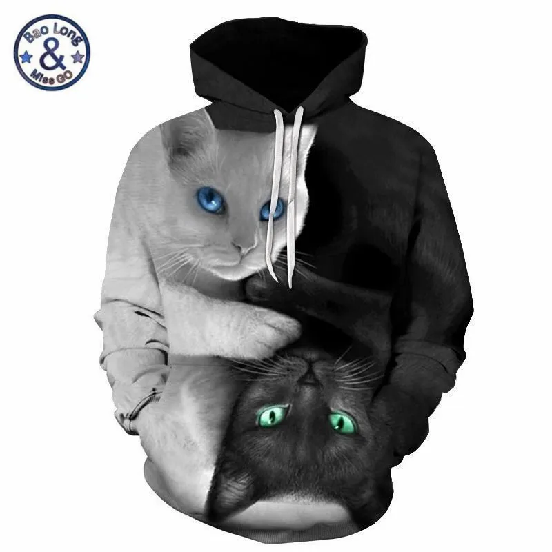 

US Size 3D Hoodies Men Hooded Sweatshirts Two Cat Print Hoody Casual Pullovers Streetwear Hip Hop Tops Autumn Hipster Clothing