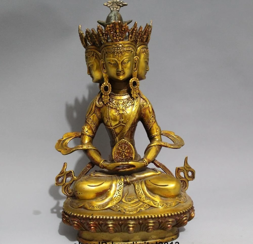 

12" Tibet TiBrass Brass Buddhism 4 Face Head Longevity Amitayus Buddha Statue