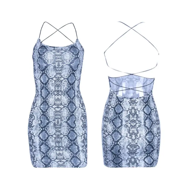 

Womens Backless Sleeveless Halter Mini Package Hip Bodycon Dress Bohemian Snakeskin 3D Digital Printing Bandage Party Clubwear