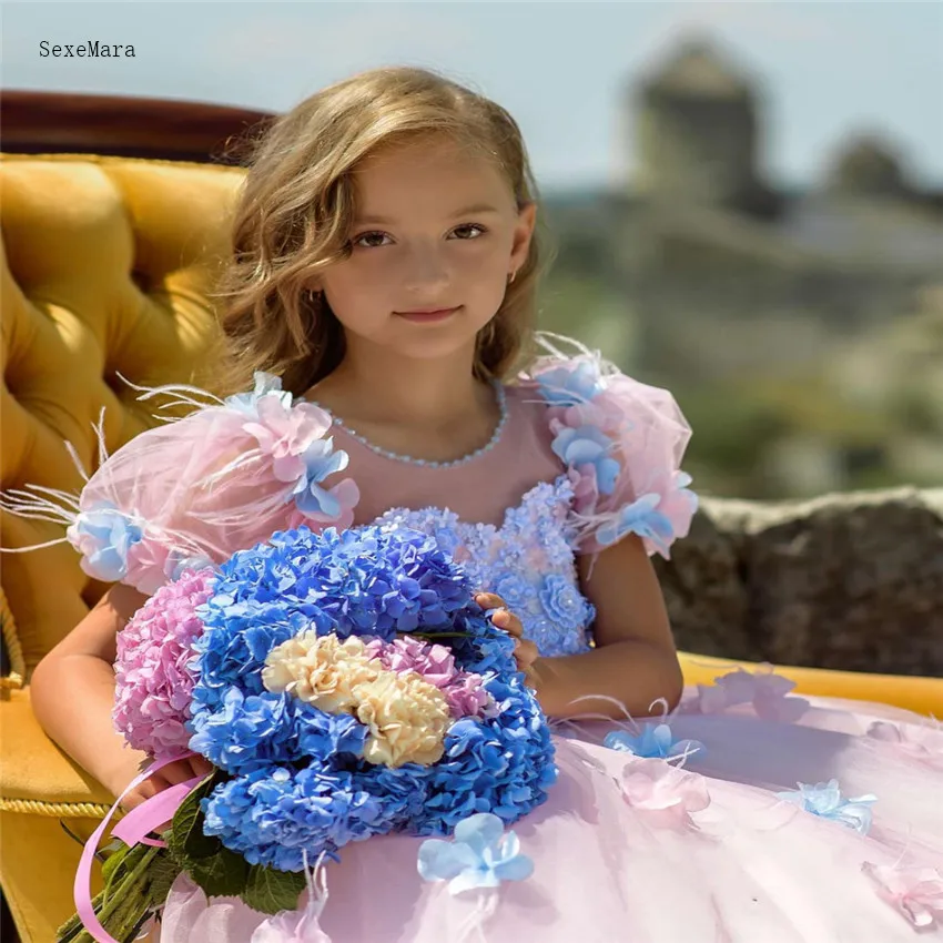 Роскошное и красивое платье принцессы с 3D цветами ручной работы, розовое милое платье с цветочным рисунком для девочек на день рождения