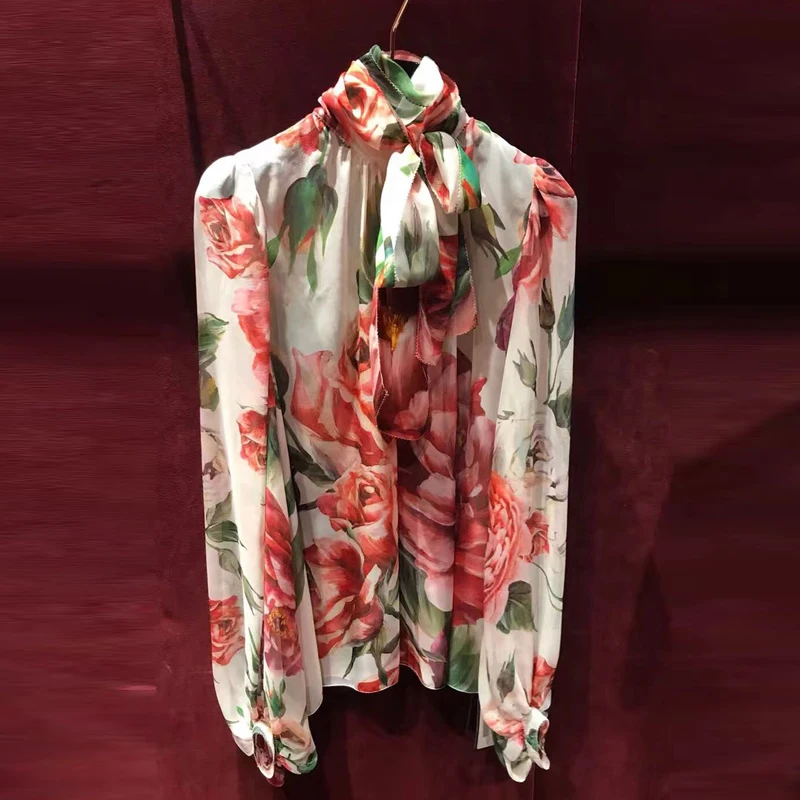 

Designer Luxury Shirts for Women Lantern Sleeve Peony Printed Chiffon Blouse Tops