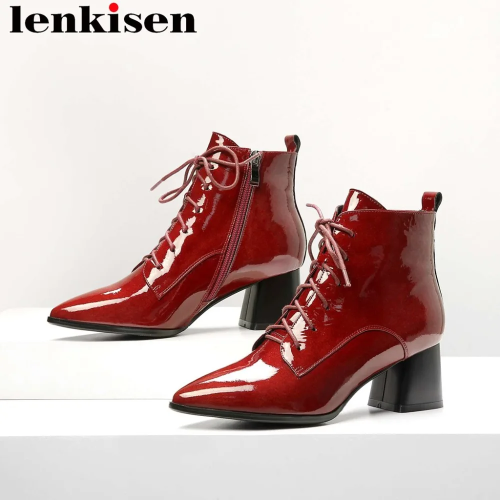 

2018 superstars oxford pointed toe med thick heels genuine leather british style large size cross-tied solid ankle boots L2f1