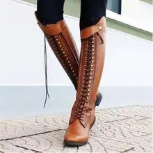 Однотонные женские ковбойские ботинки на шнуровке; высокие сапоги до середины икры с круглым носком в готическом стиле; зимняя обувь на среднем квадратном каблуке