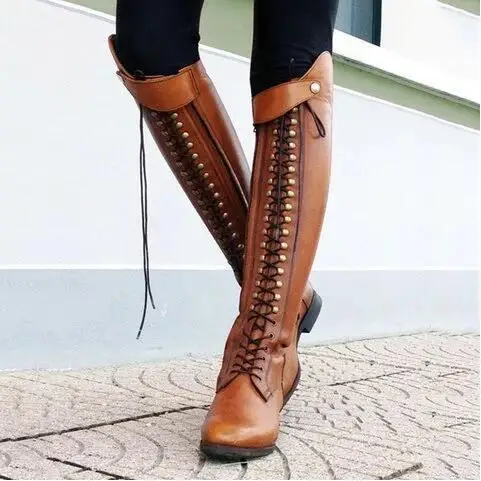 

Solid Lace-Up Women Cowboy Boots Round Toe Mid-Calf Gothic Long Boots Med Square Heel Winter Shoes