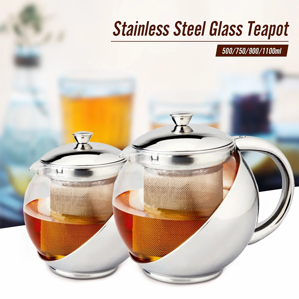 Tea Coffee Kettle Home Stainless Steel Glass Faced Teapot Strainer Lid