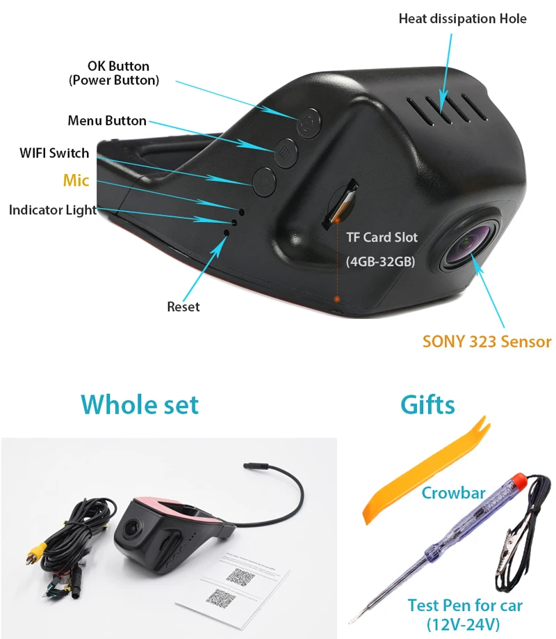KOENBANG Автомобильный видеорегистратор DVR wifi Novatek 96655 мини видеокамера