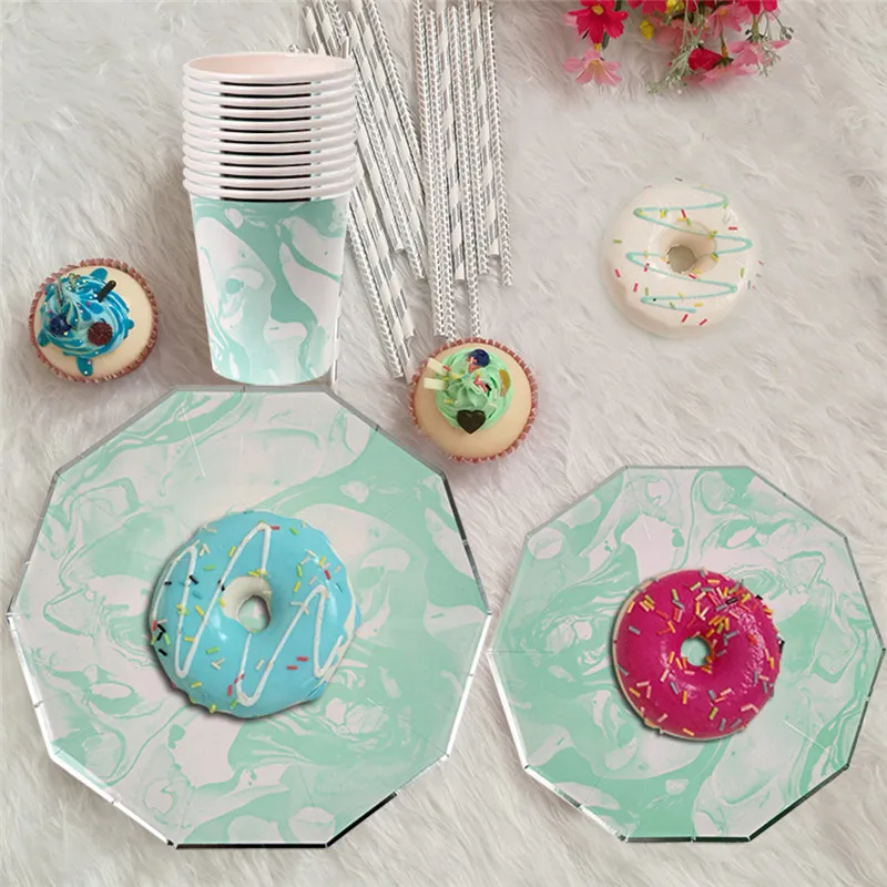 Fresh-Mint-Green-Halo-Pattern-Marble-Disposable-Tableware-Set-Paper-Plates-Cups-Party-Wedding-Carnival-Tableware