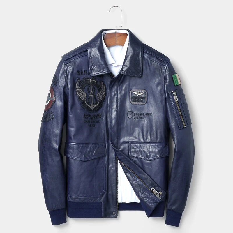 

Autumn Winter Leather Jacket Men Aviator Jacket New Real Genuine Leather Jackets Motorcycle Black/Blue Aviator Leather Jacket