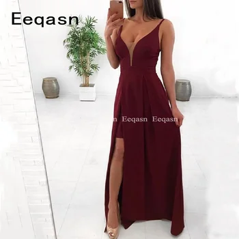 

Burgundy Prom Dresses 2020 V Neck Sleeveless Chiffon Long A Line Formal Evening Party Dress Slit Vestido De Fiesta