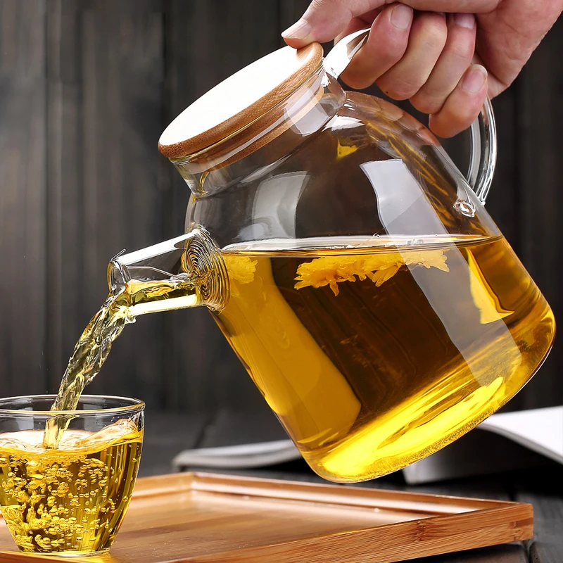 High Capacity Glass Kettle Handcraft Water Jug Chinese Flower Teapot Filter Bamboo Lid Heat Resistant Stainless