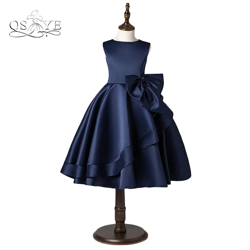 

Navy Blue Little Flower Girl Dresses Real Photo Puffy Ball Gown O-Neck Satin with Bow Girls Prom Pageant Gown