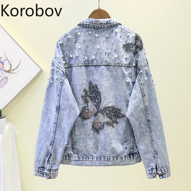 Korobov Корейские осенние новые поступления джинсовые куртки с длинным рукавом, жемчугом, бабочками и бриллиантами пальто с карманами джинсовая куртка Femme 78039