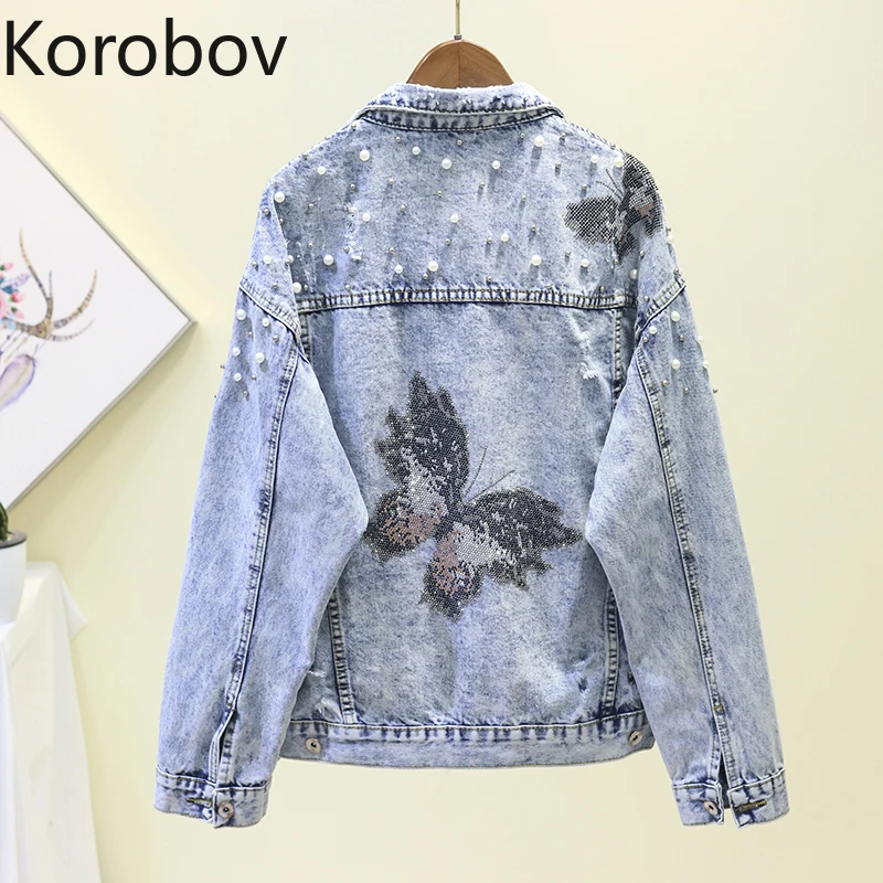 Korobov Корейская Осенняя новинка джинсовые куртки с длинным рукавом жемчужинами и