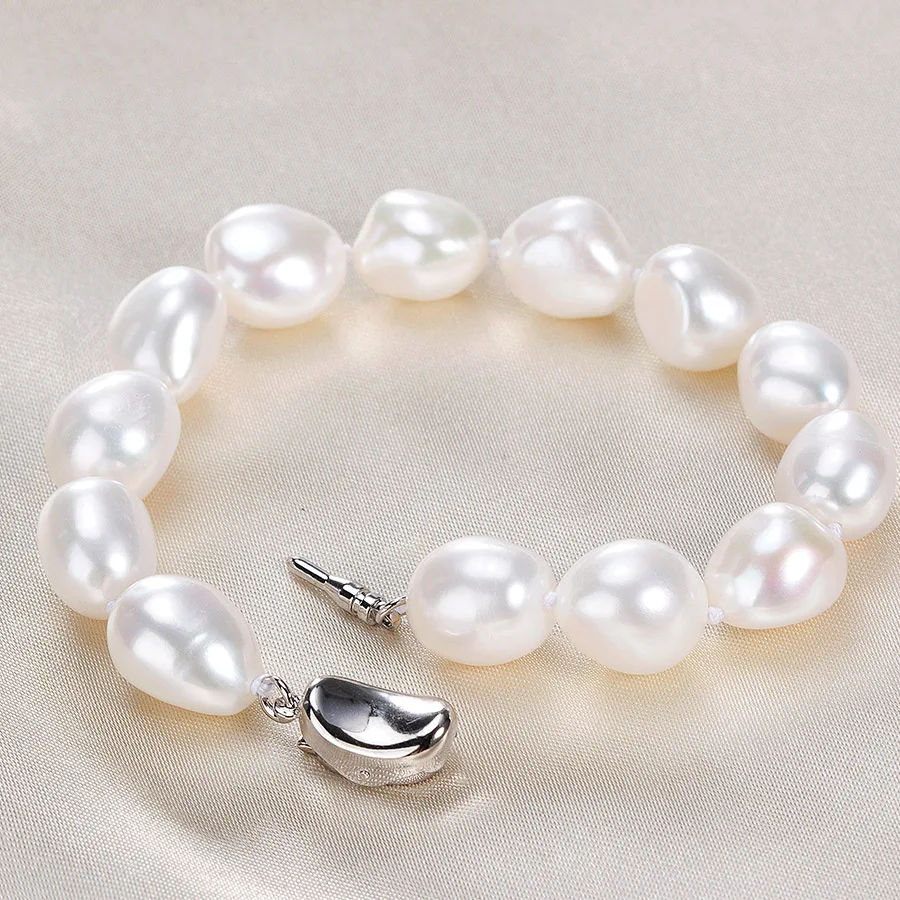 

Vintage Real Natural Baroque Pearl Bracelets For Women Fashion 925 Sterling Silver Big Freshwater Pearl Jewelry 9-10mm Bracelet