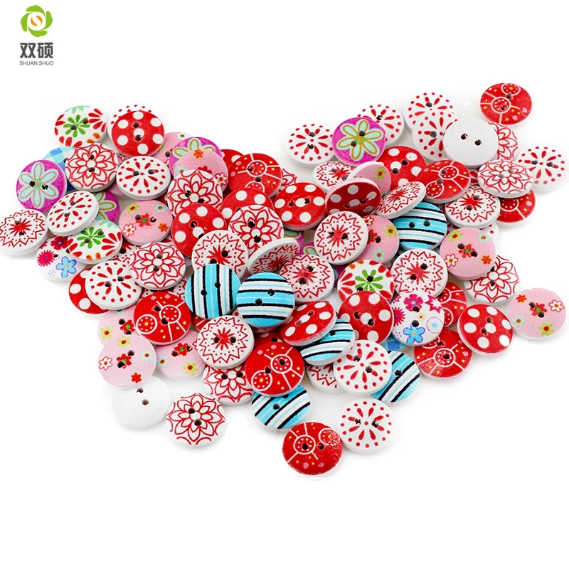 

Shuan Shuo 15mm 2 Eyes Printed Flowers Round Wooden Buttons For Hat, Shoes, Clothes Diy Accessories Mixed Color 50PCS/Bag