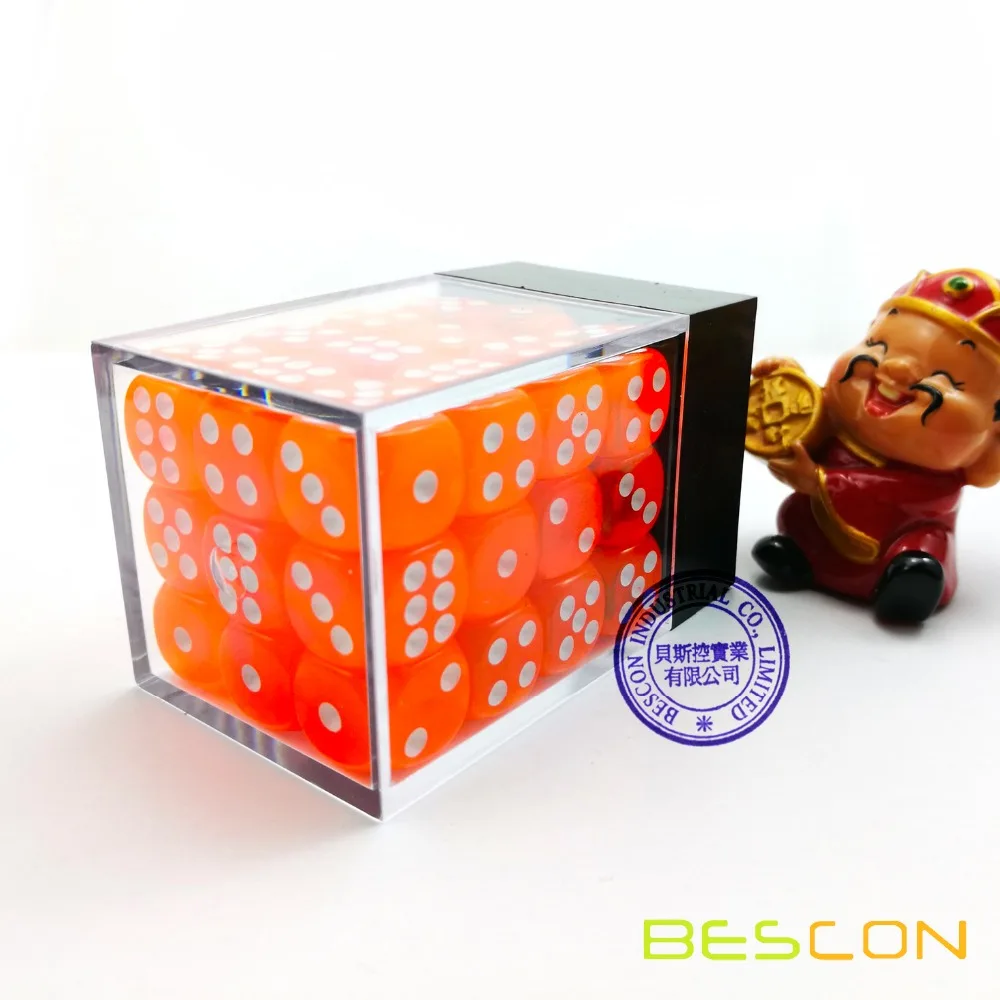 Bescon 12mm 6 Sided Dice 36 in Brick Box, 12mm Six Sided Die (36) Block of Dice, Translucent Orange with White Pips 3