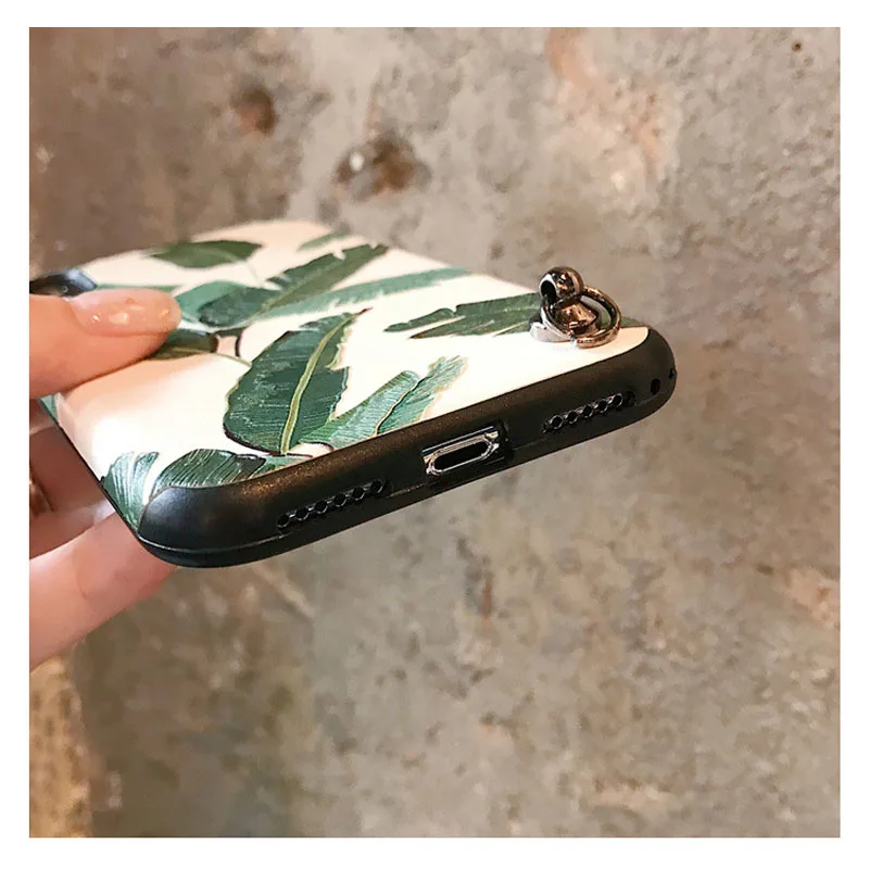 Caja del teléfono del alivio 3D de las hojas frescas de la manera del Instegram con las correas de la muñeca del cuello 8 plus para el iPhone 7 plus X 6 funda con Correa s 6 s plus Caja del teléfono del alivio 3D de las hojas frescas de la manera del Instegram con las correas de la muñeca del cuello 8 plus para el iPhone 7 plus X 6 funda con Correa s 6 s plus